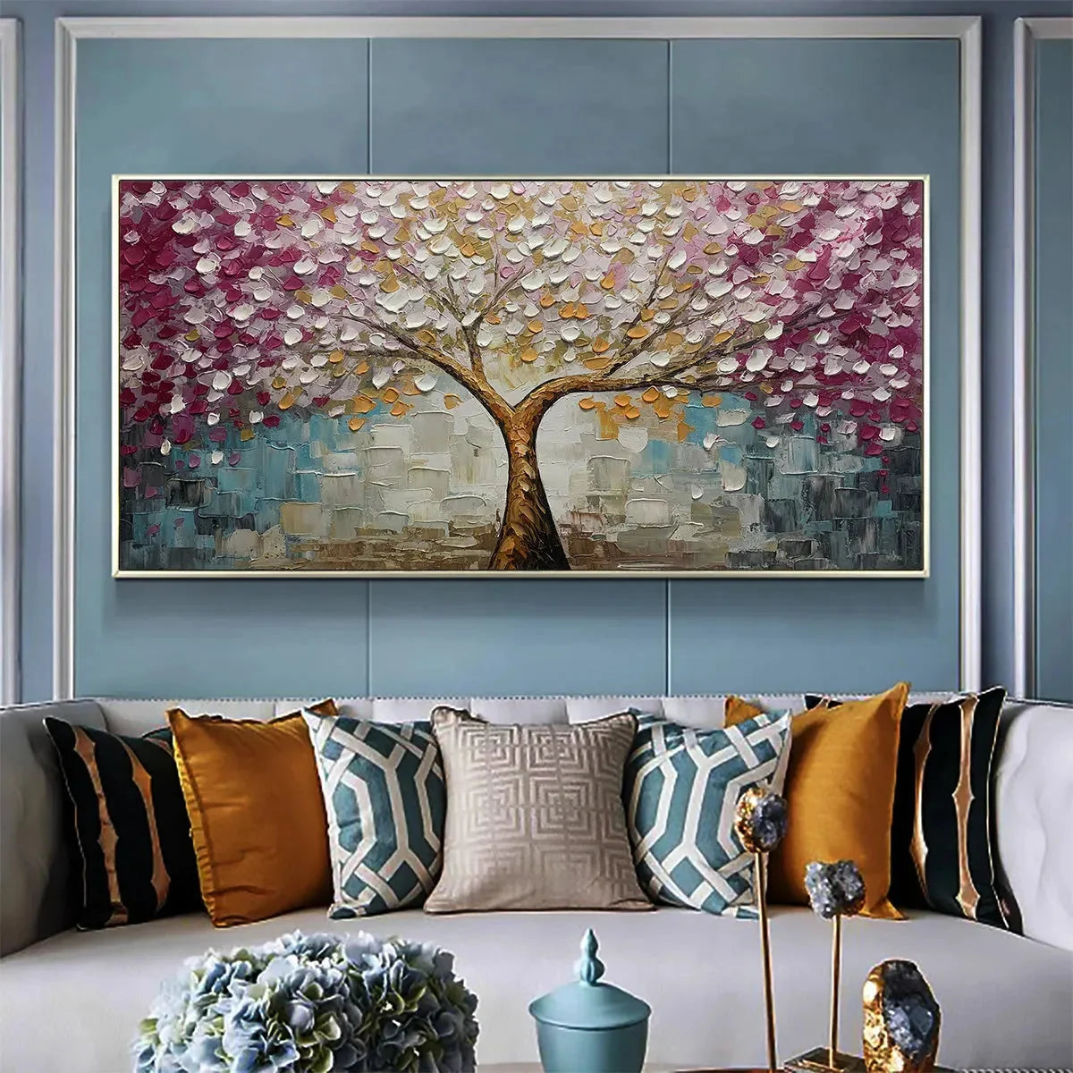 CHERRY BLOSSOM DREAM: Panoramic Textured Impasto Painting | gold frame stretched on neutral wall
