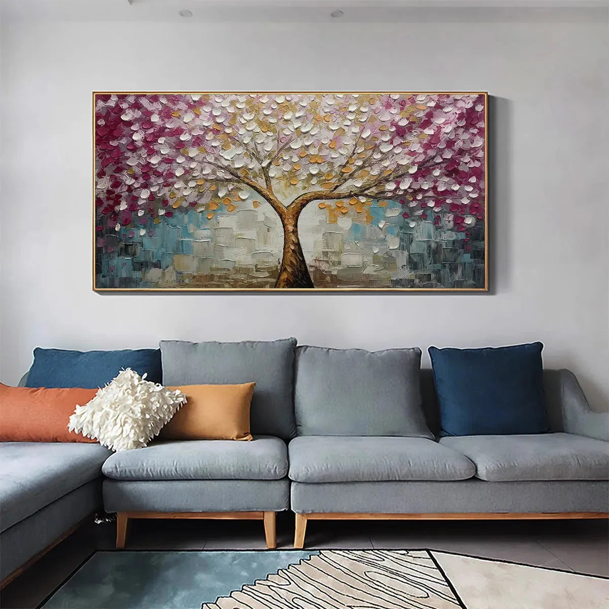 CHERRY BLOSSOM DREAM: Panoramic Textured Impasto Painting | rolled canvas, ready for custom framing