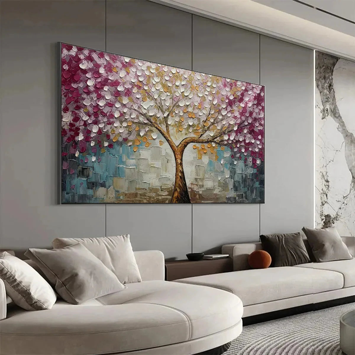CHERRY BLOSSOM DREAM: Panoramic Textured Impasto Painting | black frame version on white wall