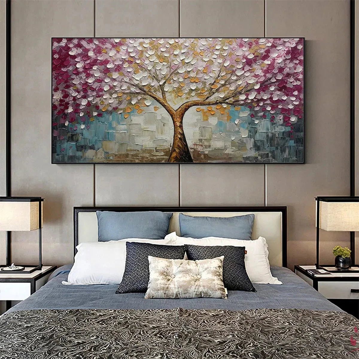 CHERRY BLOSSOM DREAM: Panoramic Textured Impasto Painting | textured impasto mood, soft natural light studio shot