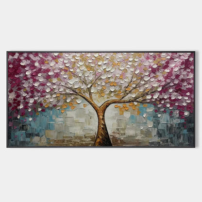 CHERRY BLOSSOM DREAM: Panoramic Textured Impasto Painting | hanging in living room, textured impasto wall art