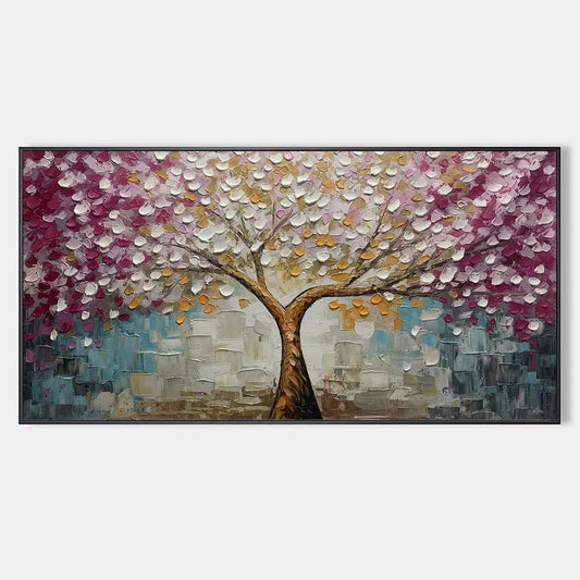 CHERRY BLOSSOM DREAM: Panoramic Textured Impasto Painting | hanging in living room, textured impasto wall art