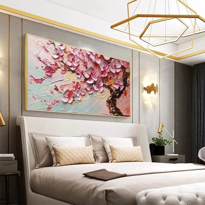 CHERRY BLOSSOM DREAM: Textured Impasto Cherry Blossom | gold frame stretched on neutral wall