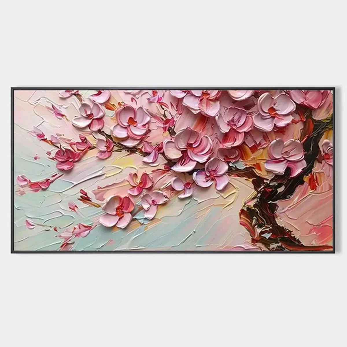 CHERRY BLOSSOM DREAM: Textured Impasto Cherry Blossom | hanging in bedroom, textured impasto wall art