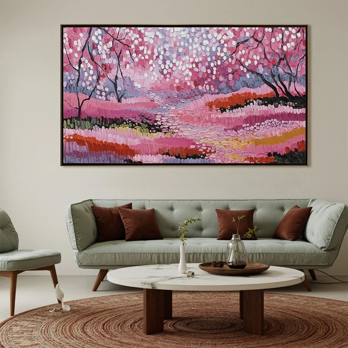 CHERRY BLOSSOM PATH: Textured Impasto Landscape Oil Painting | Landscape closeup, raised brushwork detail
