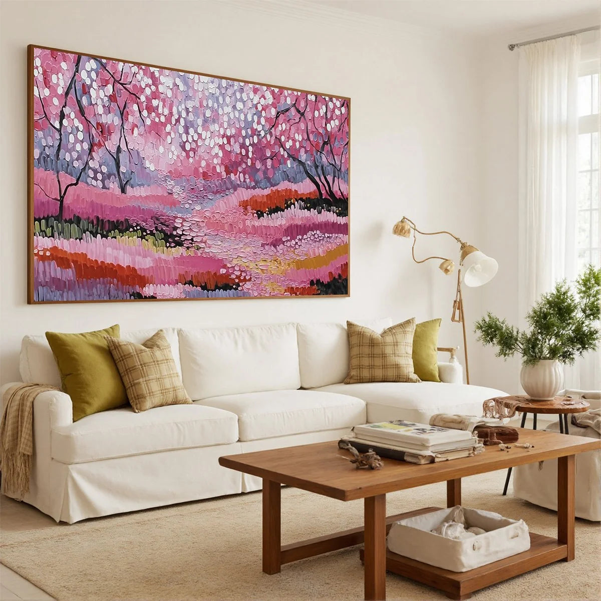 CHERRY BLOSSOM PATH: Textured Impasto Landscape Oil Painting | rectangular format, hand-painted canvas edge