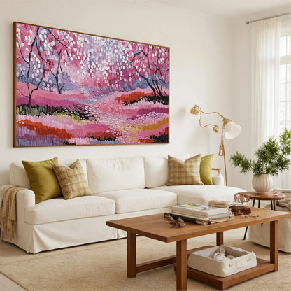 CHERRY BLOSSOM PATH: Textured Impasto Landscape Oil Painting | rectangular format, hand-painted canvas edge
