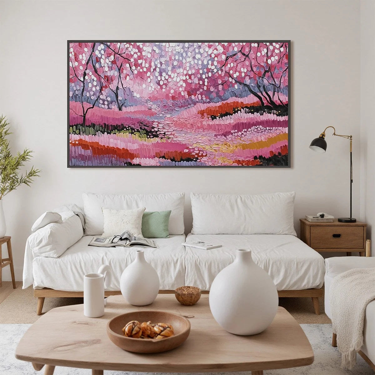 CHERRY BLOSSOM PATH: Textured Impasto Landscape Oil Painting | gold frame stretched on neutral wall