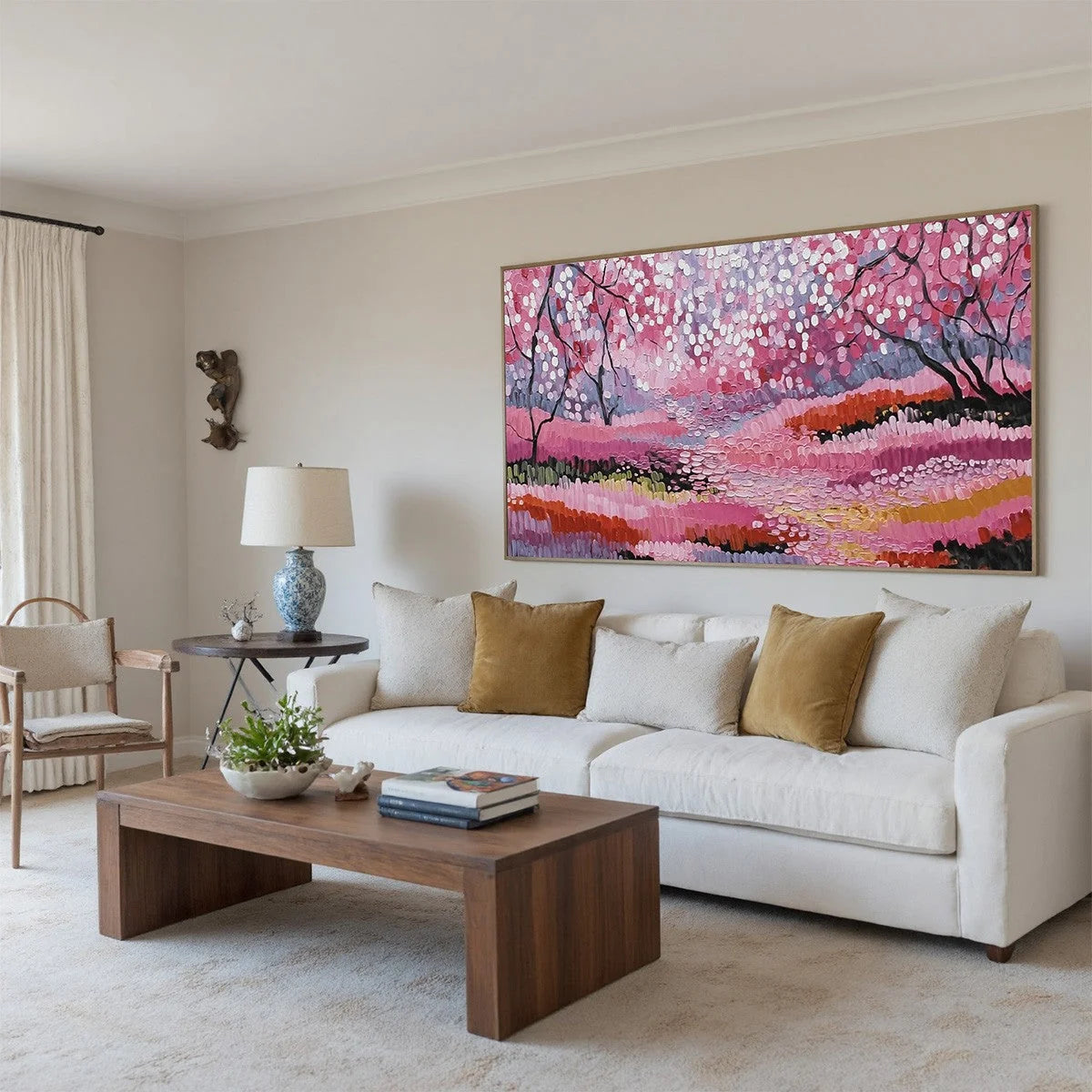 CHERRY BLOSSOM PATH: Textured Impasto Landscape Oil Painting | rolled canvas, ready for custom framing