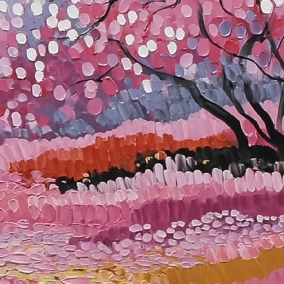 CHERRY BLOSSOM PATH: Textured Impasto Landscape Oil Painting | black frame version on white wall