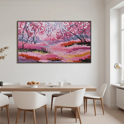 CHERRY BLOSSOM PATH: Textured Impasto Landscape Oil Painting | Landscape mood, soft natural light studio shot