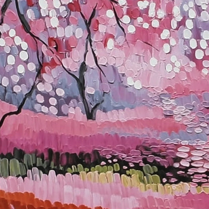 CHERRY BLOSSOM PATH: Textured Impasto Landscape Oil Painting | beige palette, original Hand-painted on premium stretched canvas using artist-grade oils; rich layered surface combines smooth gradien...