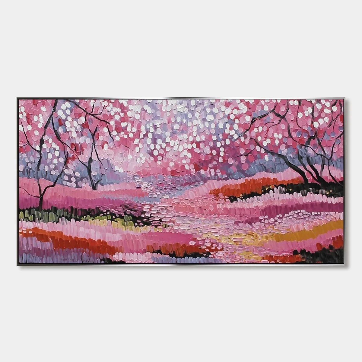 CHERRY BLOSSOM PATH: Textured Impasto Landscape Oil Painting | hanging in CHERRY BLOSSOM PATH: Textured Impasto Landscape Oil Painting featuring layered textured brushwork in refined tones; landsca...