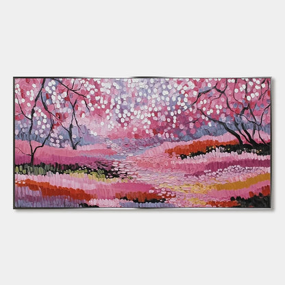 CHERRY BLOSSOM PATH: Textured Impasto Landscape Oil Painting | hanging in CHERRY BLOSSOM PATH: Textured Impasto Landscape Oil Painting featuring layered textured brushwork in refined tones; landsca...