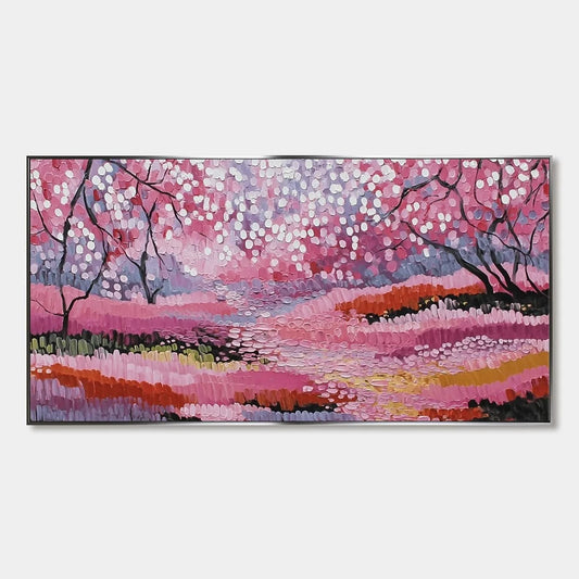 CHERRY BLOSSOM PATH: Textured Impasto Landscape Oil Painting | hanging in CHERRY BLOSSOM PATH: Textured Impasto Landscape Oil Painting featuring layered textured brushwork in refined tones; landsca...