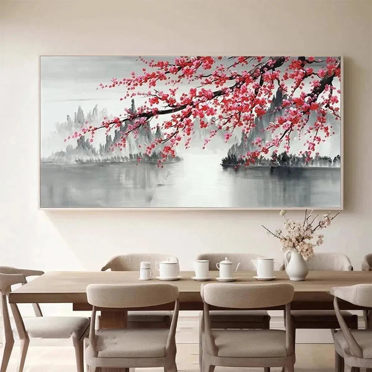 CHERRY BLOSSOM SERENITY: Horizontal Cherry Blossom Landscape Painting | Landscape closeup, raised brushwork detail