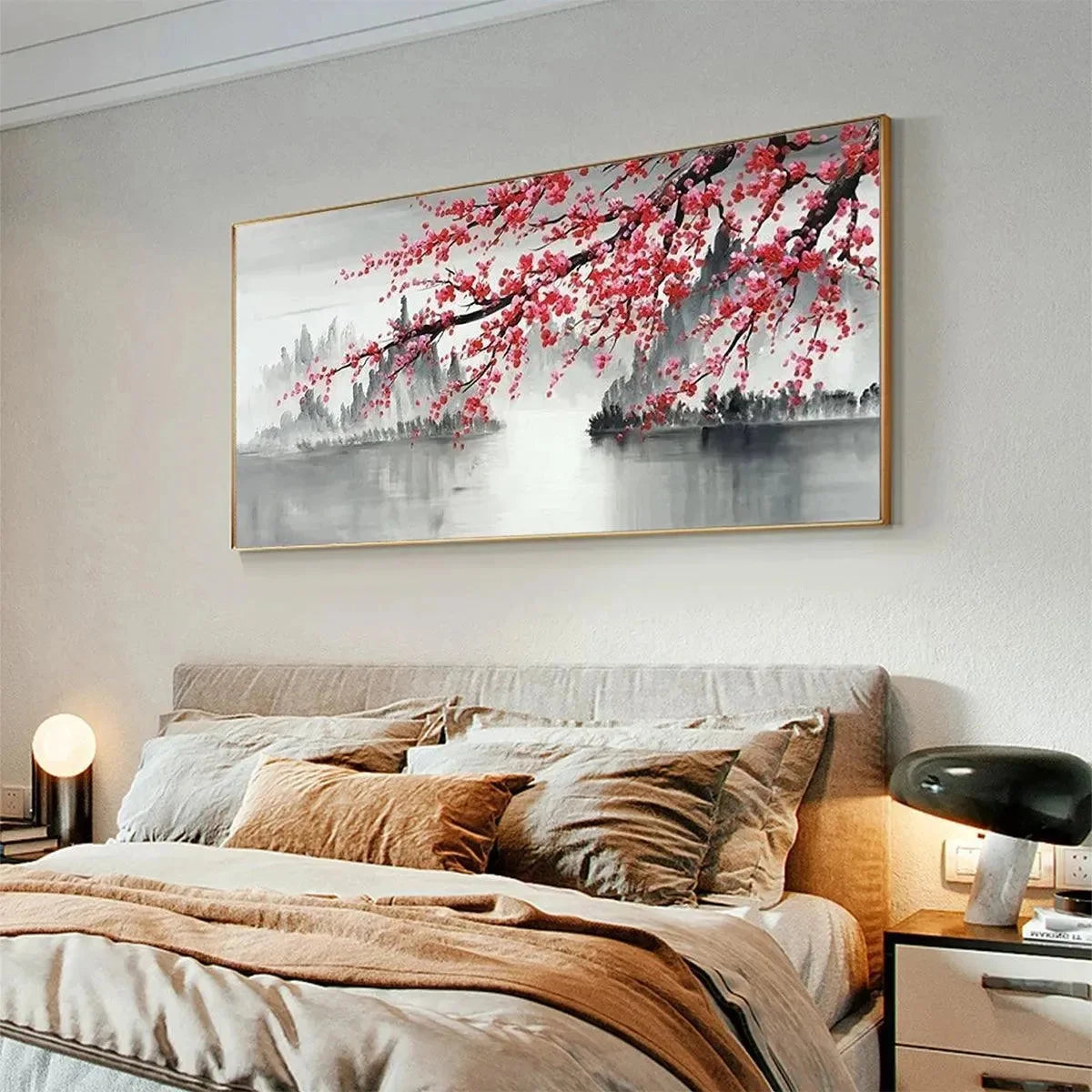 CHERRY BLOSSOM SERENITY: Horizontal Cherry Blossom Landscape Painting | gold frame stretched on neutral wall