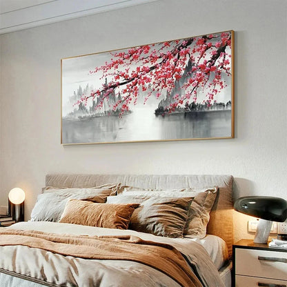 CHERRY BLOSSOM SERENITY: Horizontal Cherry Blossom Landscape Painting | gold frame stretched on neutral wall