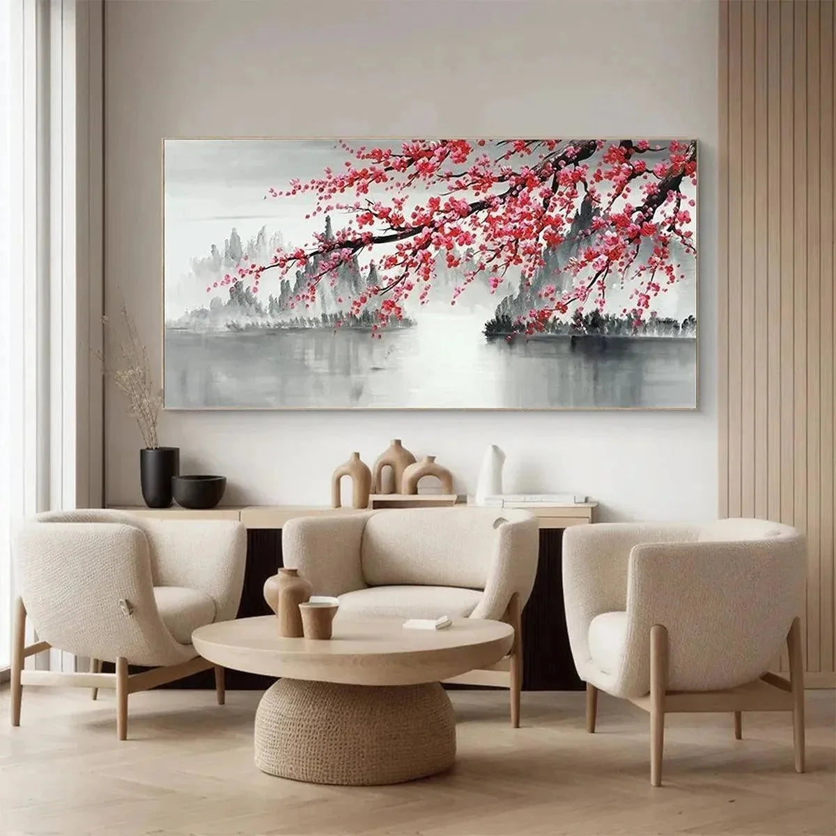 CHERRY BLOSSOM SERENITY: Horizontal Cherry Blossom Landscape Painting | rolled canvas, ready for custom framing