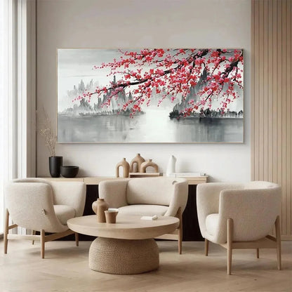 CHERRY BLOSSOM SERENITY: Horizontal Cherry Blossom Landscape Painting | rolled canvas, ready for custom framing