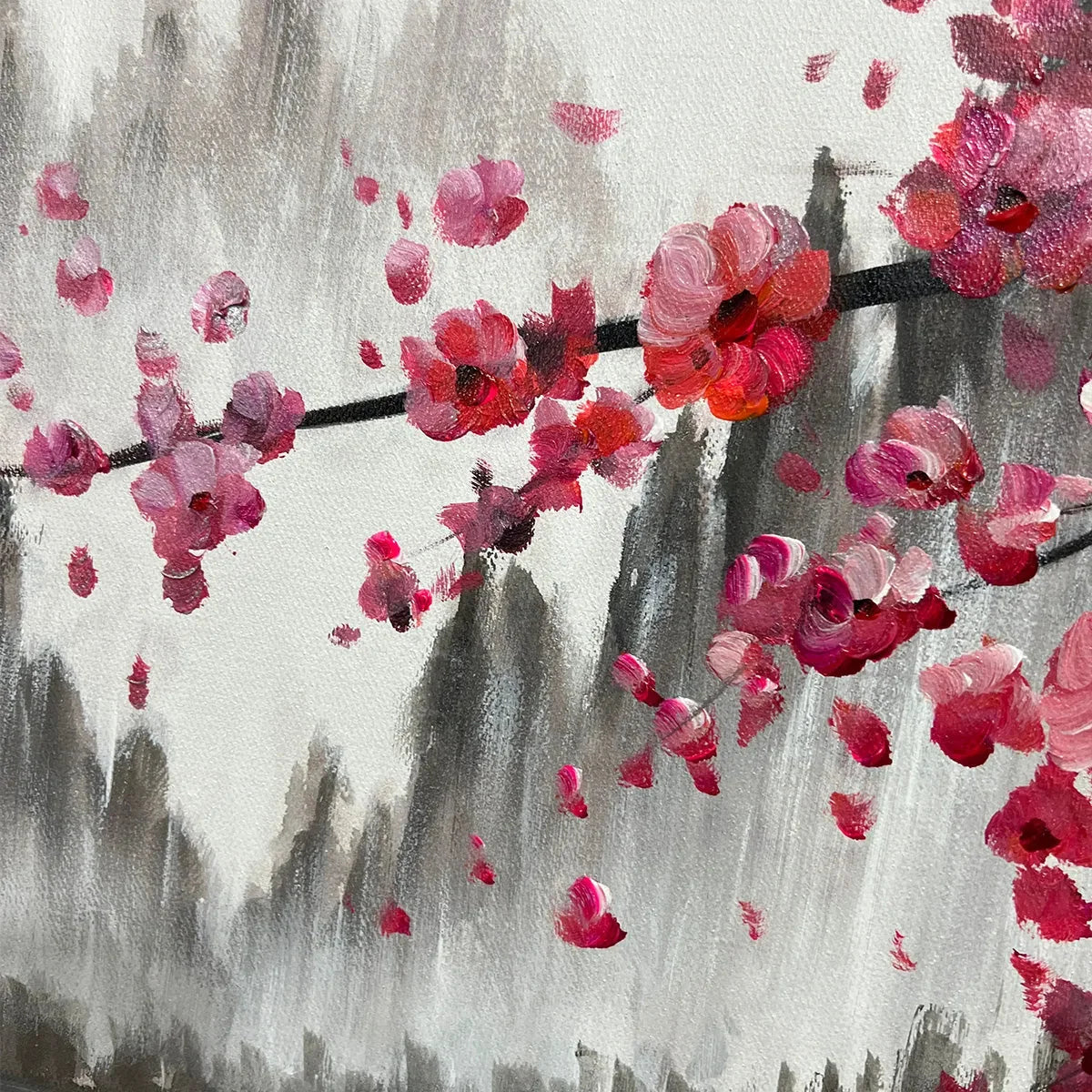 CHERRY BLOSSOM SERENITY: Horizontal Cherry Blossom Landscape Painting | black frame version on white wall