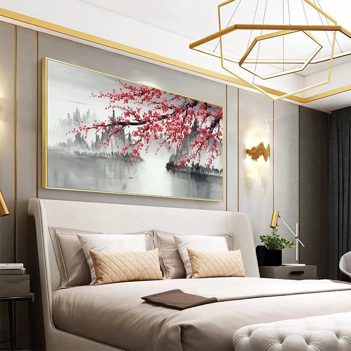 CHERRY BLOSSOM SERENITY: Horizontal Cherry Blossom Landscape Painting | Landscape mood, soft natural light studio shot