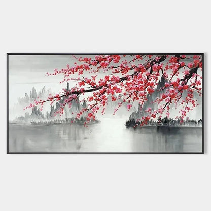 CHERRY BLOSSOM SERENITY: Horizontal Cherry Blossom Landscape Painting | hanging in CHERRY BLOSSOM SERENITY: Horizontal Cherry Blossom Landscape Painting featuring layered textured brushwork in refi...
