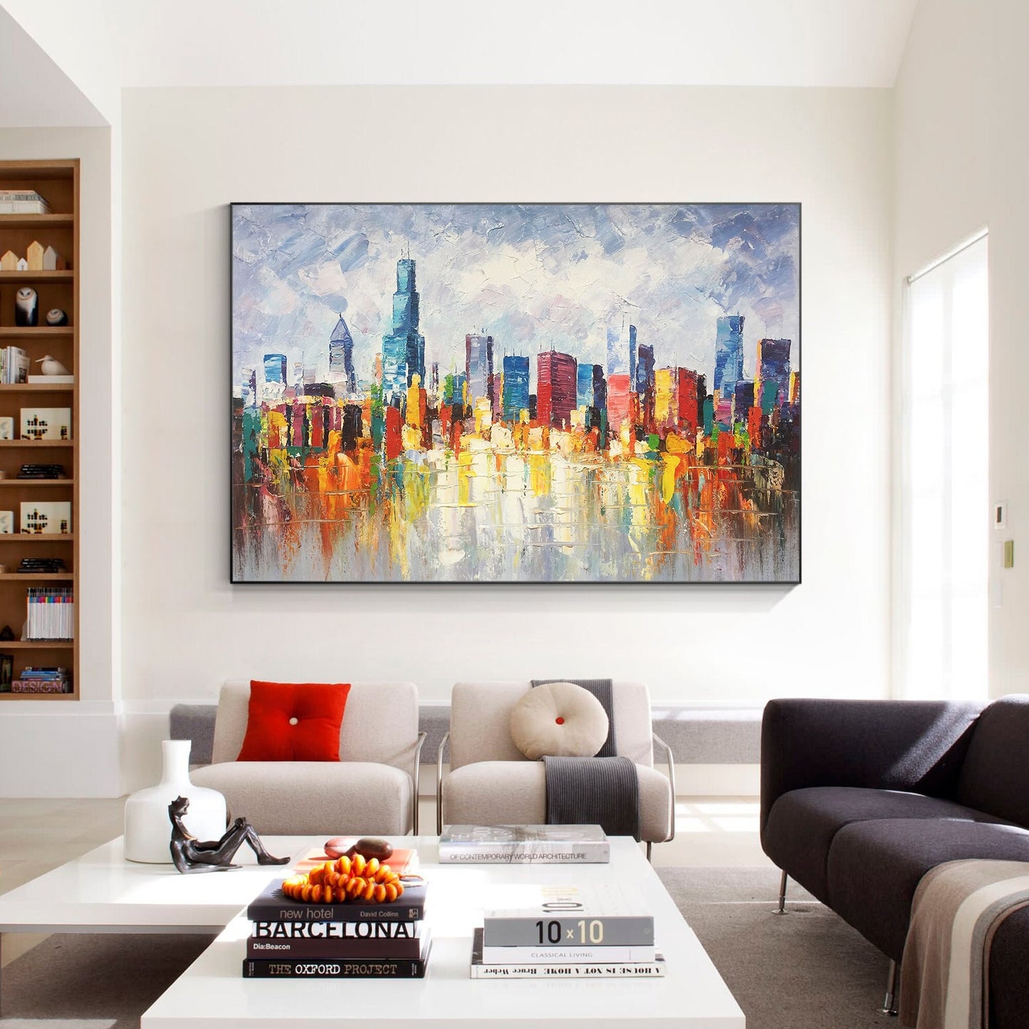 Chicago Skyline Cityscape Painting Canvas, Original palette knife heavy texture, #2