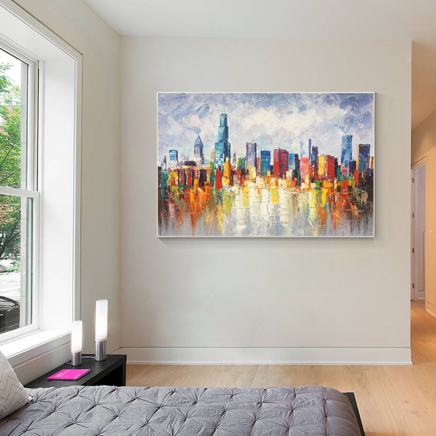 Chicago Skyline Cityscape Painting Canvas, Original palette knife heavy texture, #4