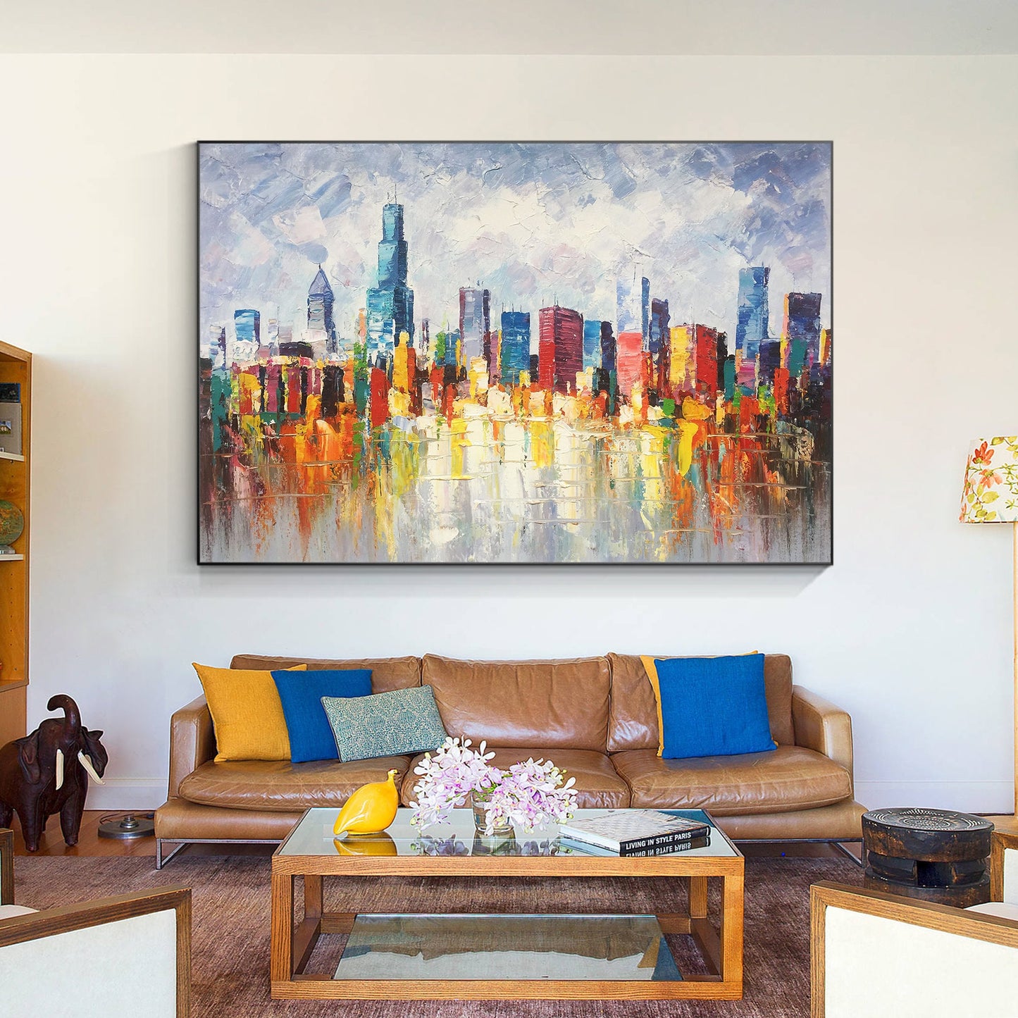 Chicago Skyline Cityscape Painting Canvas, Original palette knife heavy texture, #5