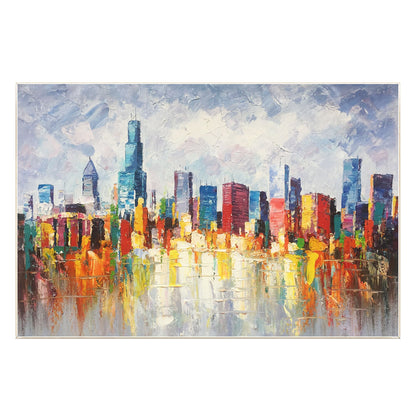 Chicago Skyline Cityscape Painting Canvas, Original palette knife heavy texture, #9