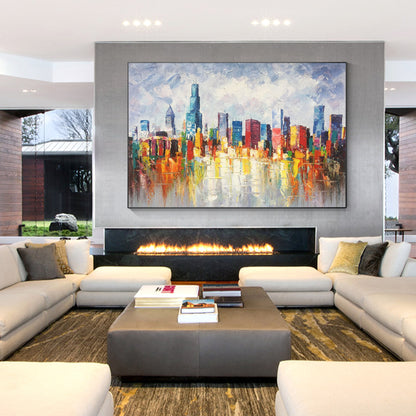 Chicago Skyline Cityscape Painting Canvas, Original palette knife heavy texture, #1