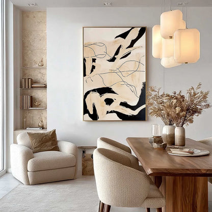 CHOREOGRAPHY | Black and Beige Abstract Oil Painting for Wall | gold frame stretched on neutral wall