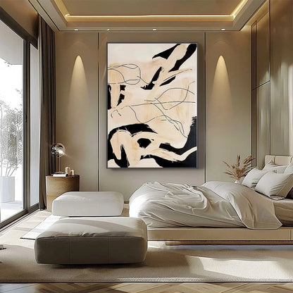 CHOREOGRAPHY | Black and Beige Abstract Oil Painting for Wall | black frame version on white wall
