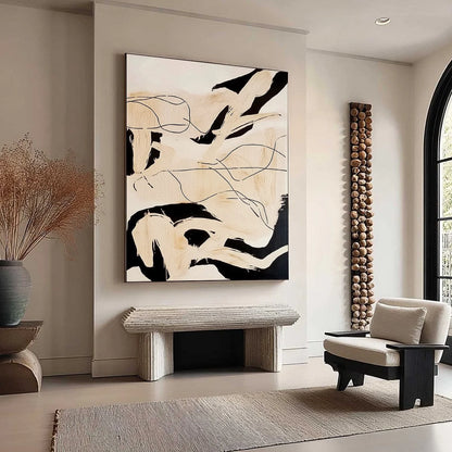 CHOREOGRAPHY | Black and Beige Abstract Oil Painting for Wall | beige palette, original Hand-painted on premium stretched canvas using artist-grade oils; rich layered surface combines smooth gradie...