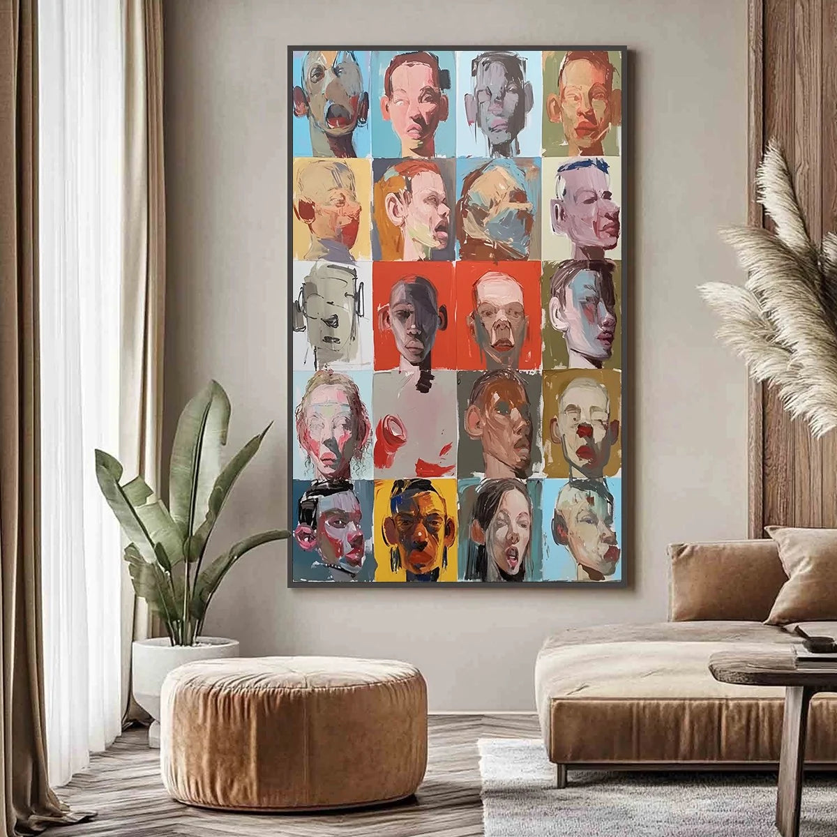 CHORUS OF FACES: Expressive, Textured Portrait Series | gold frame stretched on neutral wall