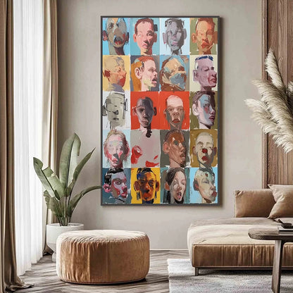 CHORUS OF FACES: Expressive, Textured Portrait Series | gold frame stretched on neutral wall