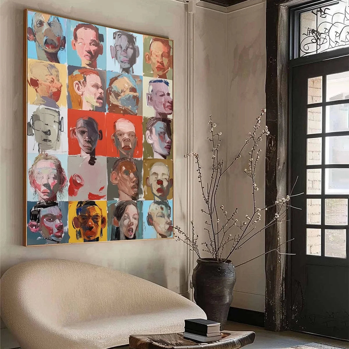 CHORUS OF FACES: Expressive, Textured Portrait Series | black frame version on white wall