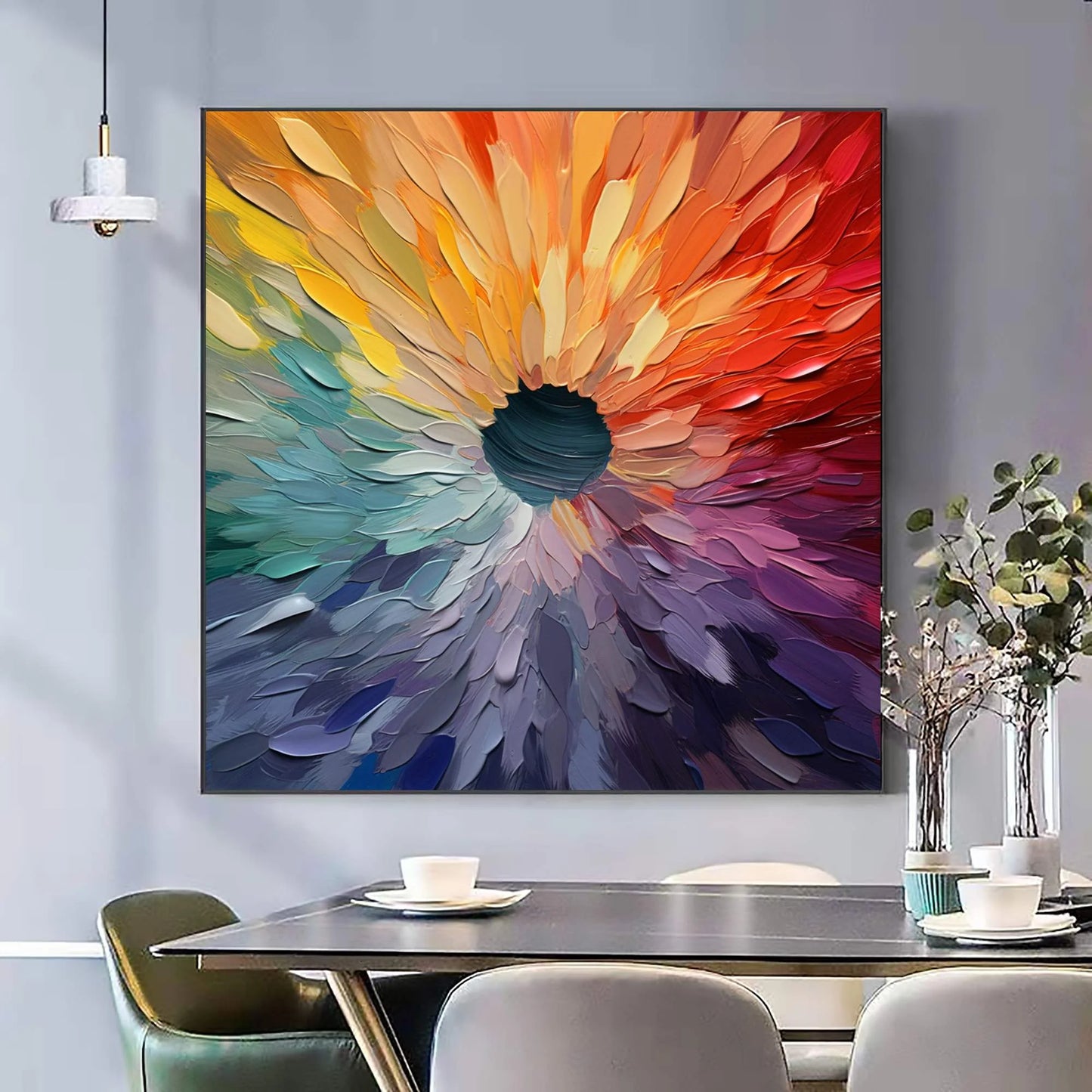CHROMA BLOOM: Colorful Abstract Impasto Oil Painting | gold frame stretched on neutral wall