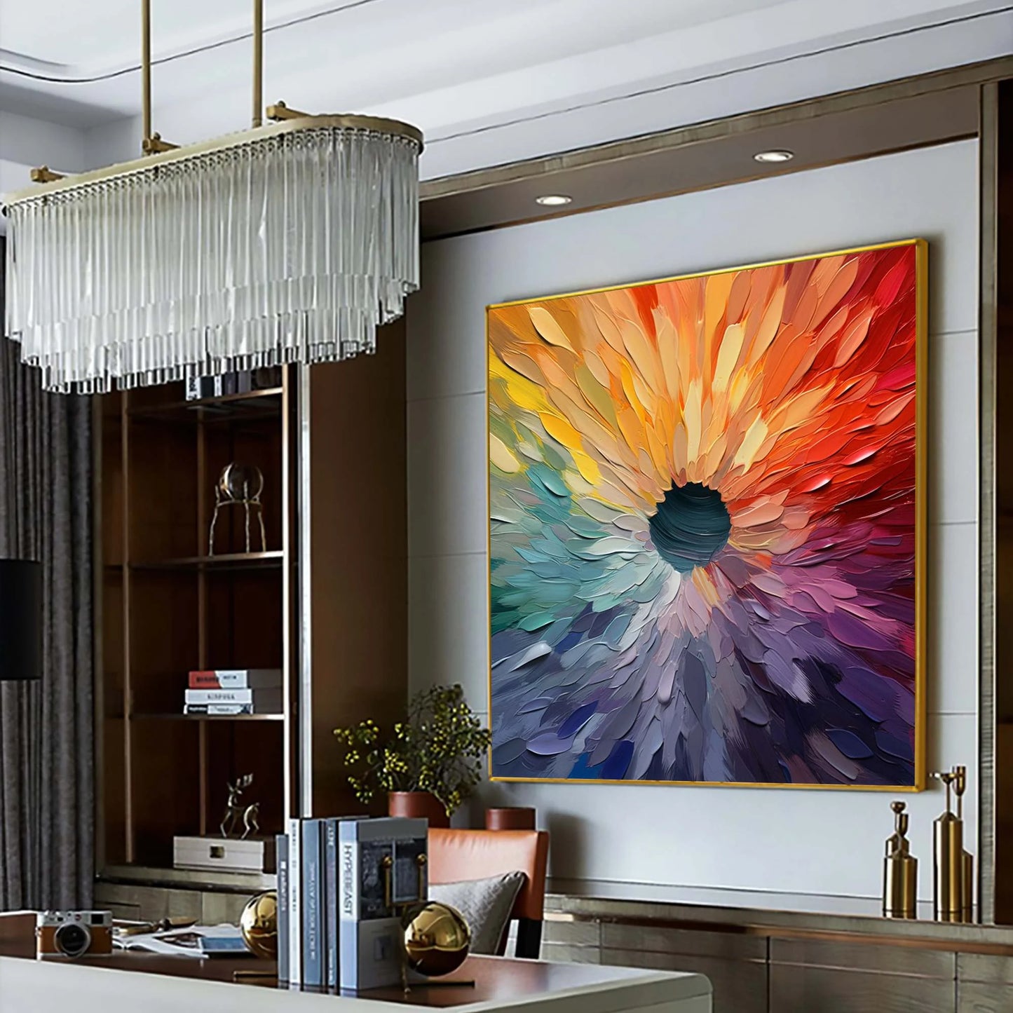 CHROMA BLOOM: Colorful Abstract Impasto Oil Painting | black frame version on white wall