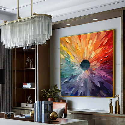 CHROMA BLOOM: Colorful Abstract Impasto Oil Painting | black frame version on white wall