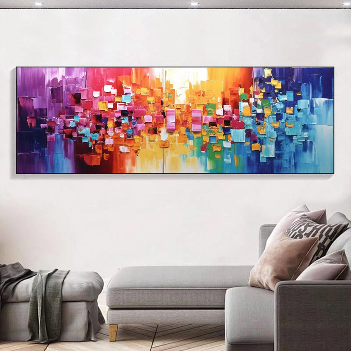 CHROMA DANCE: Colorful Abstract Impasto Oil Painting | gold frame stretched on neutral wall