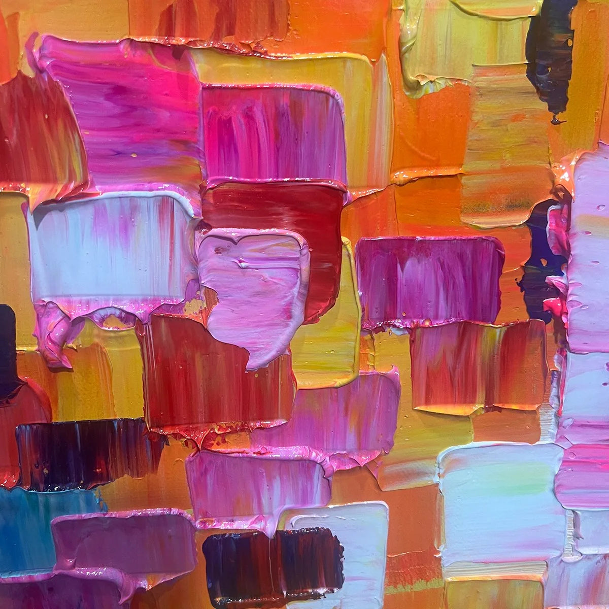 CHROMA DANCE: Colorful Abstract Impasto Oil Painting | black frame version on white wall