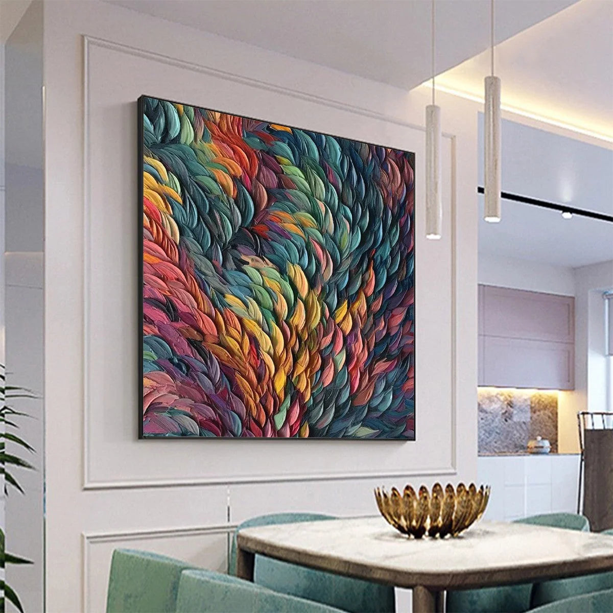 CHROMA WHIRL: Textured Impasto Oil Painting in Vibrant Multicolor | gold frame stretched on neutral wall