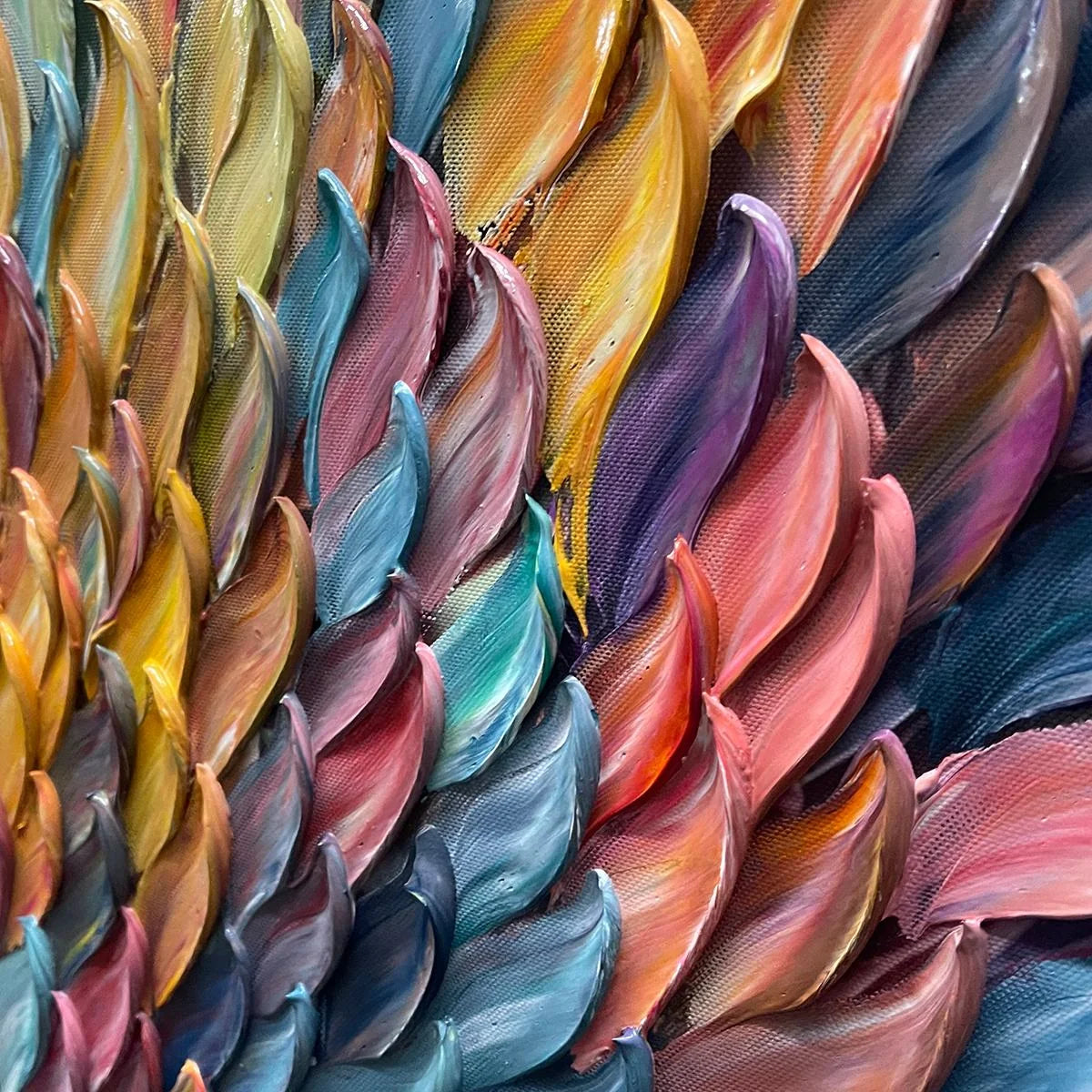 CHROMA WHIRL: Textured Impasto Oil Painting in Vibrant Multicolor | black frame version on white wall