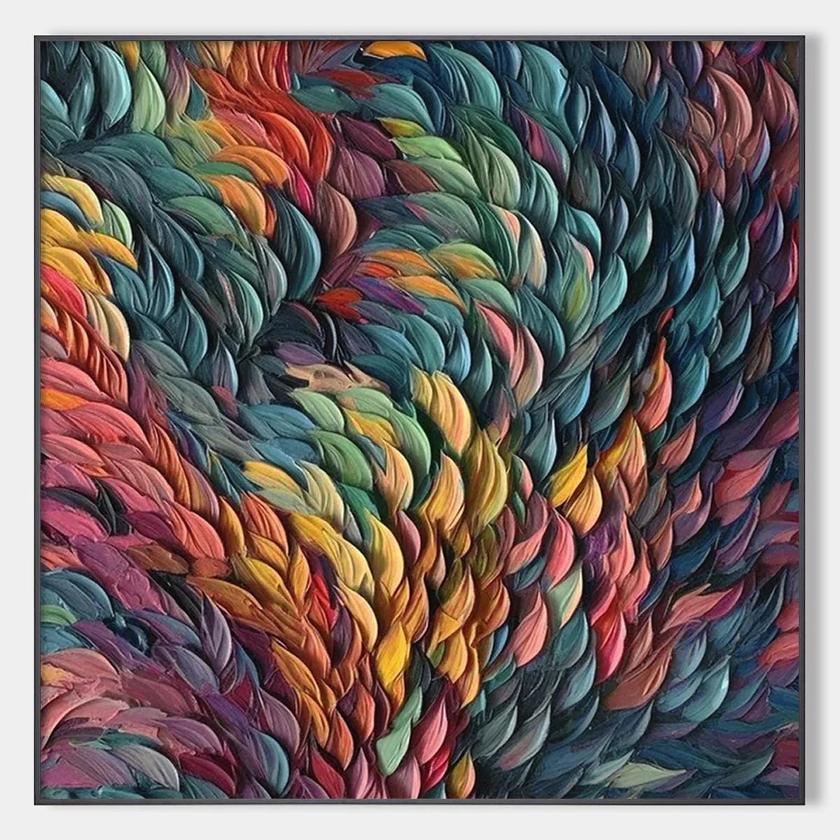 CHROMA WHIRL: Textured Impasto Oil Painting in Vibrant Multicolor | hanging in CHROMA WHIRL: Textured Impasto Oil Painting in Vibrant Multicolor featuring layered textured brushwork in refined tone...