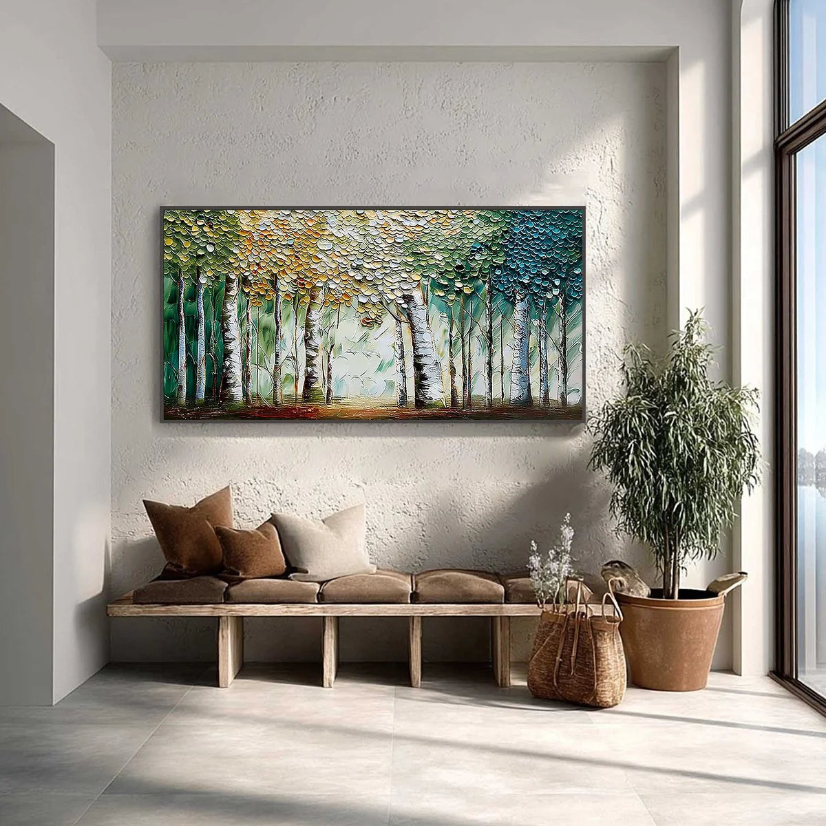 CHROMA GROVE: Panoramic Textured Impasto Birch Tree | textured impasto closeup, raised brushwork detail