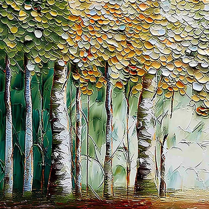 CHROMA GROVE: Panoramic Textured Impasto Birch Tree | rectangular format, hand-painted canvas edge