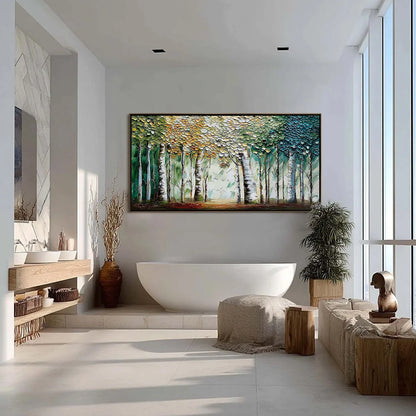 CHROMA GROVE: Panoramic Textured Impasto Birch Tree | gold frame stretched on neutral wall