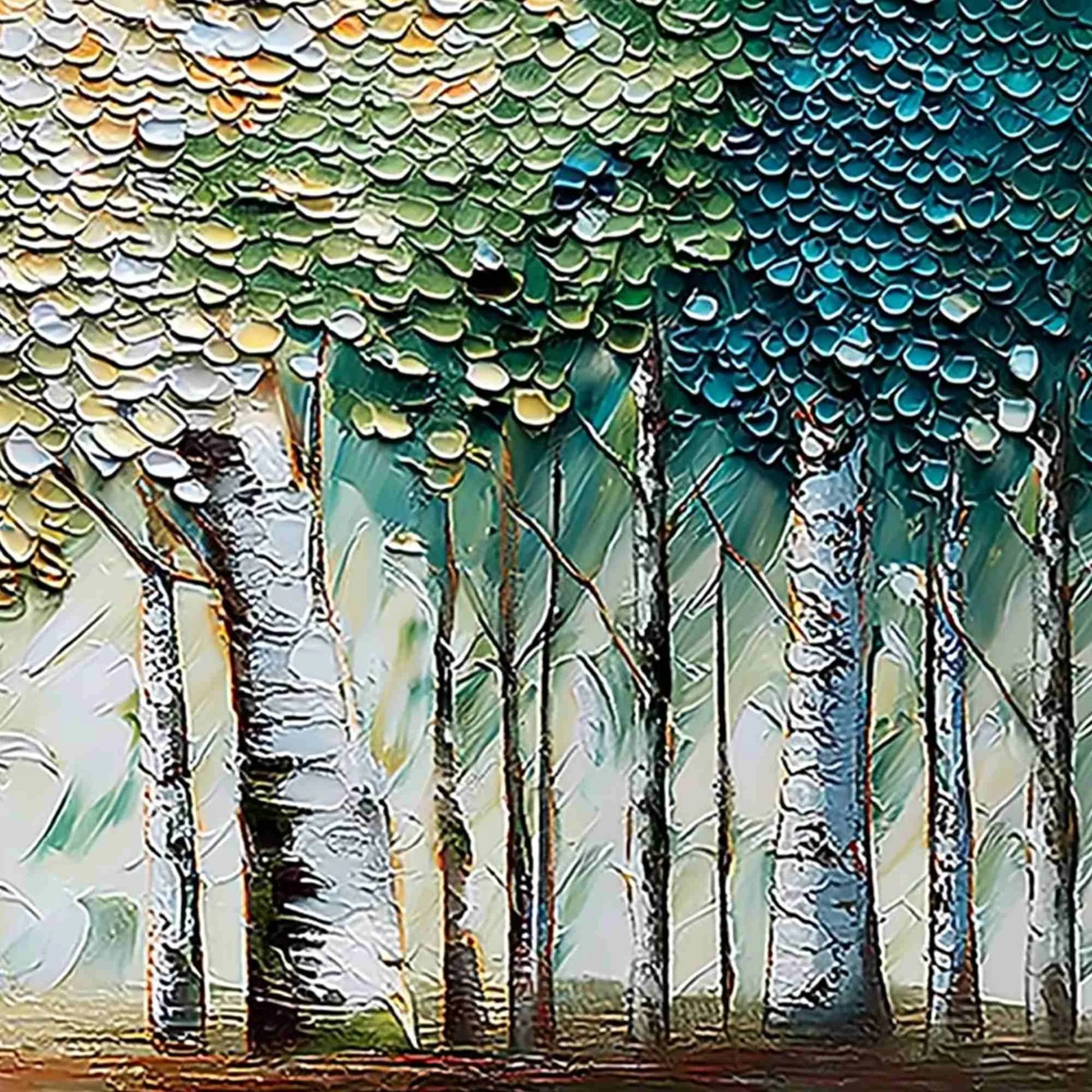 CHROMA GROVE: Panoramic Textured Impasto Birch Tree | rolled canvas, ready for custom framing